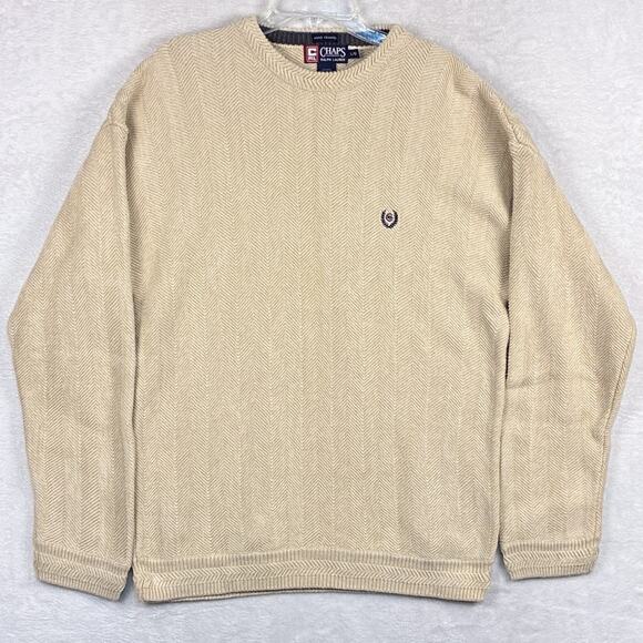 VTG Chaps Ralph Lauren Sweater Mens L Beige Herringbone Embroidered Crest Preppy - Picture 1 of 7